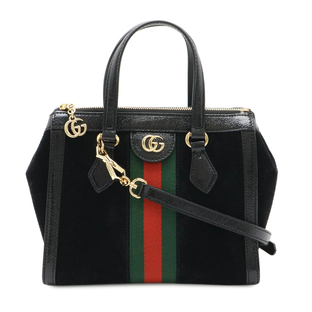 Gucci Ophidia GG Handbag Shoulder Suede Patent Vernis Leather Black
